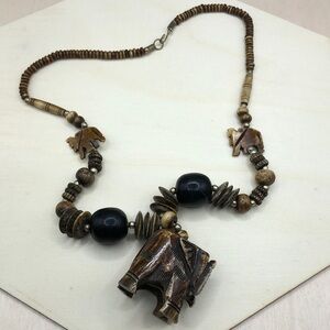 Vintage artisan carved bone beaded tribal necklace elephant pendant-statement.